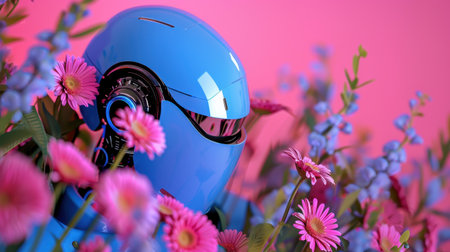 A striking visual of a blue robot face partially hidden among vibrant flowers, set against a soft pink background, blending technology with nature.の素材