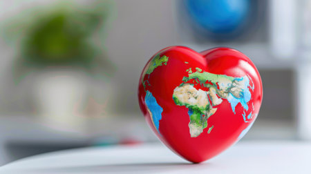 This eye-catching heart-shaped globe represents love for the environment and global unity. It features a vibrant red finish with detailed world map illustrations, ideal for promoting eco-awareness and global connection in contemporary settings.の素材