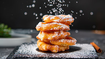A stack of freshly made donuts dusted with powdered sugar and cinnamon, showcasing a delightful dessert perfect for any occasion. Ideal for food enthusiasts.の素材