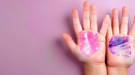 This image showcases colorful handprints, one in pink and the other in purple, against a soft pink background, symbolizing creativity and playful expression.の素材