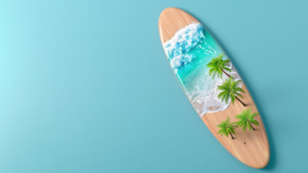 A vibrant surfboard featuring a tropical beach scene with crashing waves and palm trees, set against a bright blue backdrop, perfect for summer themes.の素材