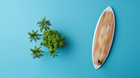 A stunning surfboard displayed against a vibrant blue background alongside a lush green plant arrangement. This imagery captures summer vibes and tropical lifestyle, perfect for themes of adventure and leisure.の素材