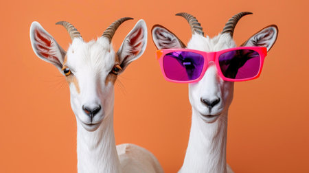 This vibrant image features two goats wearing trendy colorful sunglasses against a bright orange backdrop, showcasing their fun and playful personalities.の素材