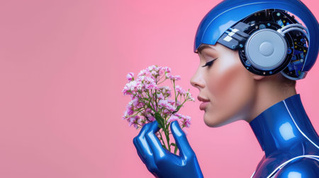 This striking image features a futuristic robot woman gently holding a delicate flower against a vibrant pink background, highlighting the blend of technology and nature.の素材
