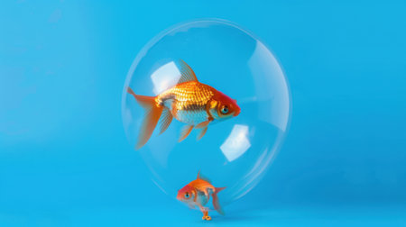 This whimsical image features a goldfish swimming gracefully inside a transparent bubble against a vibrant blue background, embodying serenity and beauty.の素材