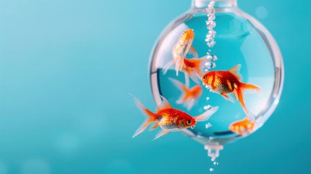 A captivating scene with vibrant orange goldfish swimming in a clear glass bowl, surrounded by bubbles, set against a soft blue background, creating a serene ambiance.の素材