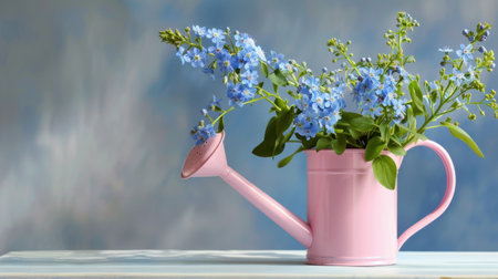 A charming pink watering can brimming with delicate blue flowers sits on a light surface, creating a peaceful and inviting atmosphere for home decor.の素材