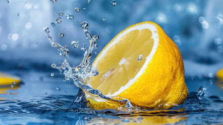 A vibrant lemon splashes into water, creating dynamic droplets that highlight its bright yellow color. This refreshing image represents hydration and summer vibes.の素材