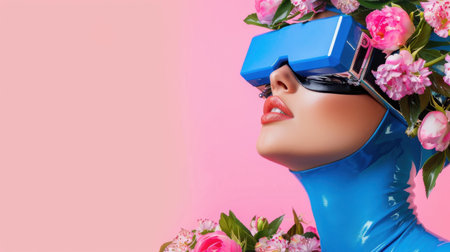 This captivating image features a woman wearing a vibrant VR headset adorned with a floral crown. The bright pink background enhances the modern and artistic composition, showcasing the beauty of technology and nature in harmony.の素材