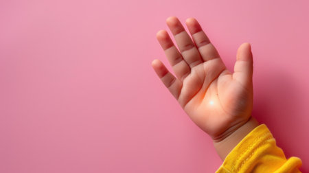 A close-up of a child's hand reaching out on a soft pink background, radiating warmth and innocence, embodying tenderness and playful spirit.の素材