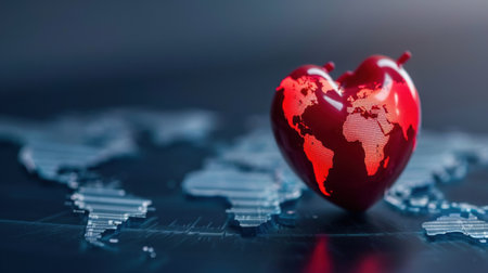 A striking red heart shape showcases a world map overlay, symbolizing love and global connection on a dark background, perfect for conveying unity and compassion.の素材