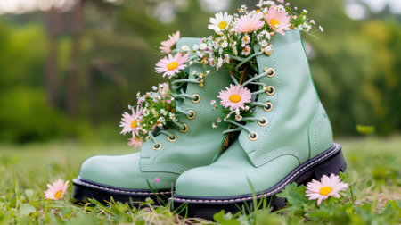 A captivating pair of green boots adorned with wild flowers stands on lush grass, symbolizing nature's beauty and creativity. Perfect for lifestyle and fashion themes.の素材