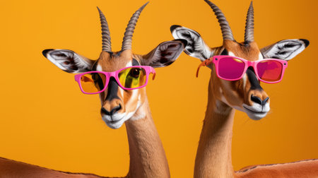 A captivating image of two antelopes wearing colorful sunglasses against a vivid orange background. Their playful expressions invite smiles and joy.の素材