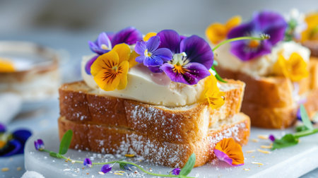 Experience a blend of flavors and aesthetics in this gourmet dessert featuring bread topped with creamy frosting and arranged with colorful edible flowers.の素材
