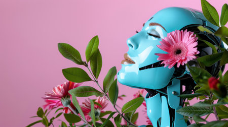 A striking image of a robot head highlighted by colorful flowers and green leaves, set against a soft pink background, symbolizing harmony between technology and nature.の素材