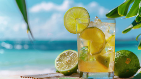 A refreshing summer cocktail made with ripe limes and ice, served in a glass on a sunny beach, perfect for warm days and relaxation by the sea.の素材