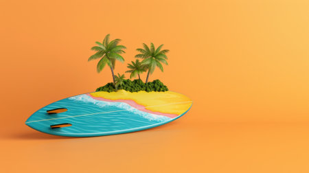 This creative image features a vibrant surfboard decorated with a tropical beach scene, complete with palm trees and ocean waves, ideal for summer themes.の素材