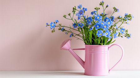A charming pink watering can filled with delicate blue flowers against a soft pink backdrop creates a cheerful atmosphere ideal for gardening enthusiasts.の素材