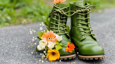 A captivating image featuring vibrant green boots adorned with a delightful arrangement of flowers, set on a serene path surrounded by lush greenery.の素材
