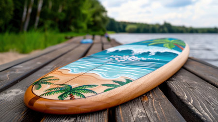 A vibrant surfboard rests on a rustic wooden dock, showcasing a stunning tropical design. The scene features tranquil water, lush greenery, and a perfect summer vibe.の素材