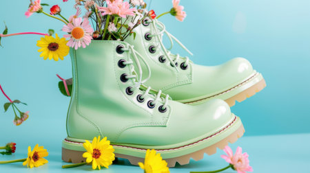 A pair of mint green boots creatively designed with a vibrant assortment of flowers, resting on a soft blue background. Perfect for spring inspiration.の素材