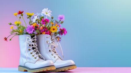 A pair of trendy white boots filled with bright flowers presents a fresh and artistic take on fashion and nature, ideal for creative projects.の素材