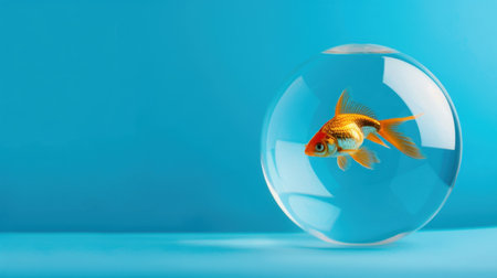 A captivating image of a goldfish swimming gracefully in a clear, round bowl set against a vibrant blue backdrop. Perfect for aquatic and home decoration themes.の素材