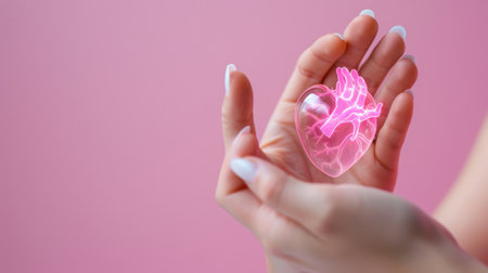 This captivating image features a luminous heart held delicately in hands, set against a soft pink background. It symbolizes the intersection of love and technology, evoking feelings of innovation and emotional connection.の素材