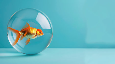 A stunning image of a goldfish swimming elegantly inside a clear glass bubble against a vibrant blue background. The scene captures tranquility and whimsy.の素材