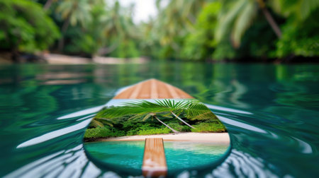 A captivating image showcasing a paddleboard reflecting in tranquil waters, surrounded by lush palm trees, creating a serene tropical escape atmosphere ideal for relaxation.の素材