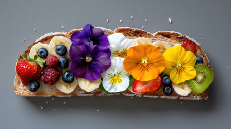 A beautifully arranged open-faced toast topped with vibrant slices of banana, fresh berries, and colorful edible flowers, ideal for a healthy breakfast or snack.の素材