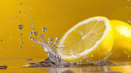 A vibrant still life featuring a fresh lemon slice creating a splash in clear water against a bright yellow background. Perfect for food or beverage themes.の素材