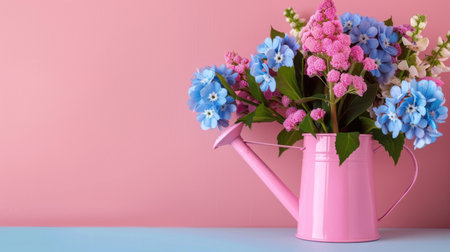 A vibrant pink watering can brimming with colorful flowers sits against a pastel background, creating a cheerful and tranquil atmosphere, perfect for spring decor.の素材