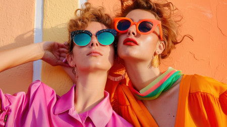 Two fashionable women in colorful sunglasses strike a playful pose against a bright orange wall, embodying a joyful summer vibe and stylish spirit.の素材