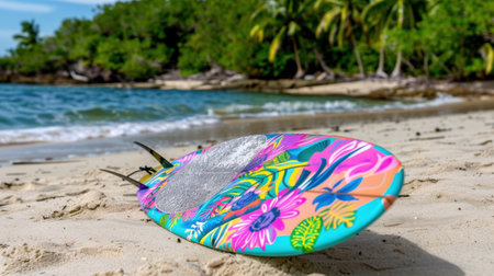 A vibrant surfboard rests in the warm sand of a tropical beach, surrounded by lush greenery and clear blue water, perfect for summer adventures.の素材