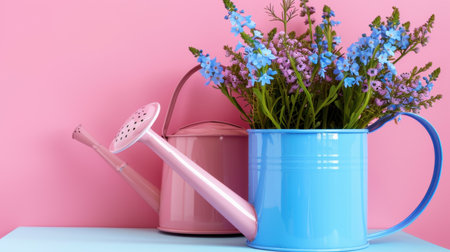 This charming image features a colorful arrangement of flowers in a blue watering can, complemented by a pink watering can, set against a pink backdrop, perfect for spring decor.の素材