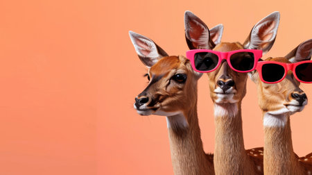 Three playful deer wearing brightly colored sunglasses stand against a vibrant orange background, showcasing a fun and whimsical atmosphere perfect for nature and animal lovers.の素材