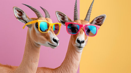 Two goats with vibrant sunglasses pose against a backdrop of pink and yellow, radiating fun and creativity. Perfect for quirky animal-themed projects.の素材