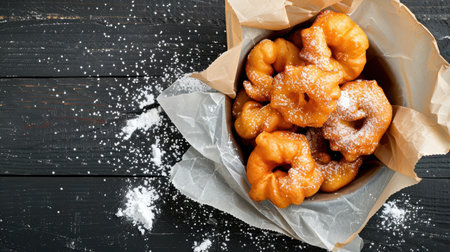 A tempting display of golden doughnuts dusted with powdered sugar, resting in a rustic bowl on a dark wooden table, perfect for any dessert lover.の素材