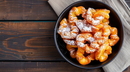 A close-up view of delightful sweet pastries dusted with powdered sugar in a stylish black bowl, set against a rustic wooden table backdrop.の素材