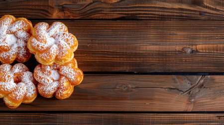 This image showcases beautifully arranged freshly baked sweet pastries dusted with powdered sugar on a rustic wooden table, creating a warm and inviting atmosphere.の素材