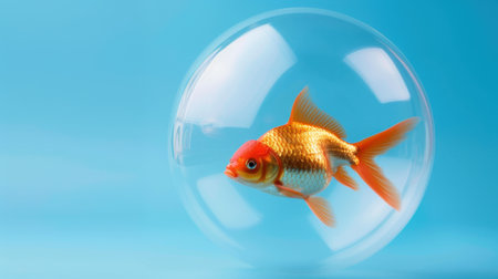A vibrant image of a goldfish swimming inside a transparent bubble against a bright blue background, evoking a sense of calm and whimsy.の素材