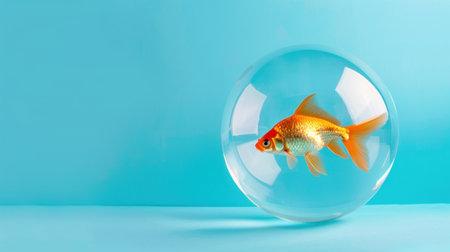 A mesmerizing goldfish swims gracefully inside a transparent bubble, set against a bright blue background. This unique scene captures tranquility and beauty in aquatic life.の素材