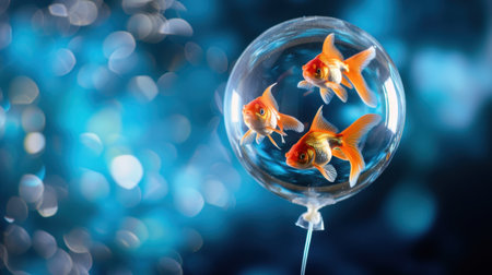 This captivating image features three goldfish swimming inside a transparent bubble against a sparkling blue background, showcasing vibrant colors and playful motion.の素材