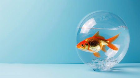 A stunning goldfish swims inside a transparent fishbowl, showcasing vibrant colors and bubbles, set against a soothing blue background.の素材