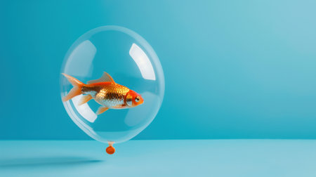 A vibrant goldfish swims inside a transparent balloon, creating a whimsical and surreal visual against a light blue background. This imaginative image evokes feelings of joy and creativity.の素材