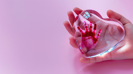 A delicate heart-shaped glass piece is held gently in hands, revealing a vibrant handprint, symbolizing love and the beauty of childhood moments.の素材