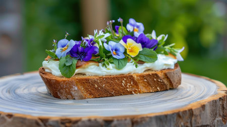 A beautifully crafted slice of bread topped with creamy cheese and an array of vibrant edible flowers, ideal for showcasing nature's beauty in culinary art.の素材
