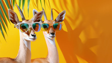 This vibrant image features two antelopes donning stylish sunglasses against a bold orange backdrop, complemented by tropical palm leaves. Perfect for summer-themed projects!の素材