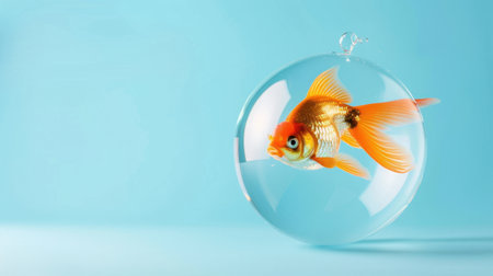 A vibrant goldfish swims gracefully inside a clear spherical bubble, set against a soft blue background, evoking themes of tranquility and beauty.の素材